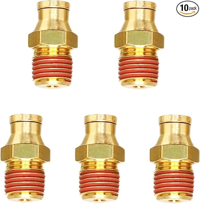 Push-to-Connect Pneumatic Fittings Set - 1/4" Tube OD x 1/4" NPT Male DOT Air Brake Line Fittings, 10pcs Brass Air Hose Quick Connect Fitting