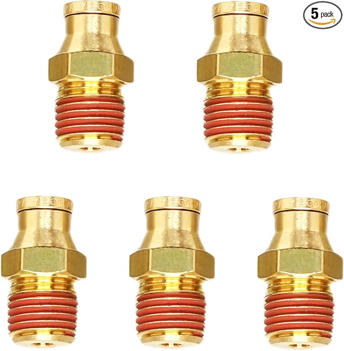 Push-to-Connect Pneumatic Fittings Set - 1/4" Tube OD x 1/4" NPT Male DOT Air Brake Line Fittings, 5pcs Brass Air Hose Quick Connect Fitting