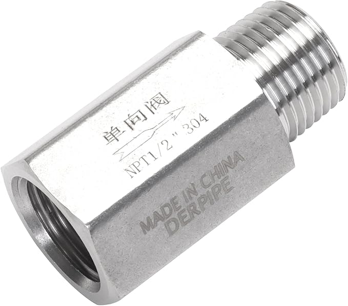 Air Check Valve - 1/2" NPT Female x Male High Temperature Stainless Steel Hex One Way Valve For Air