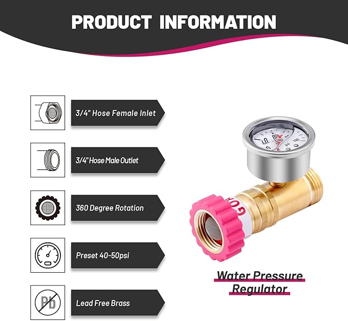 Water Pressure Regulator, Lead-Free Brass Pressure Reducer, 40-50psi, 3/4" Hose, with Gauge and Filter Screen, for Camper Travel Trailer RV Plumbing System