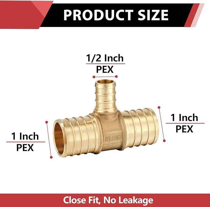 (Pack of 5) EFIELD 1" x1"x 1/2" Pex Reducing Tee Brass Barb Crimp Fittings For Pex Tubing Connection,(PEX1807086)