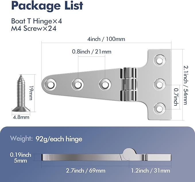 Boat T Type Hinge, Marine Grade Stainless Steel 316 Heavy Duty Strap Butt Hinge Durable Marine Applications for Hatch, Cabinet, Gate, and Door