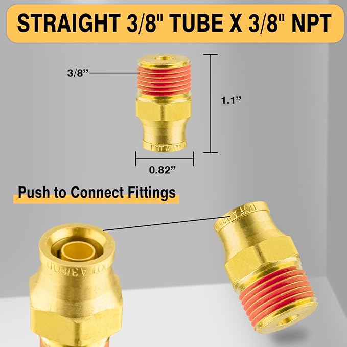 3/8" DOT Air Fittings,DOT Brass Push to Connect Fitting, Air Brake Line Fittings Connector - Male Straight 3/8" Tube OD x 3/8" NPT for Trucks Trailers Use and Air System (5PCS)