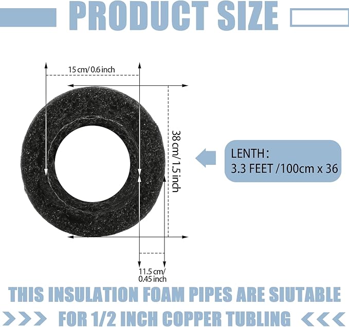 Amylove 8 Pcs 3.3 Feet Foam Pipe Insulation Foam Tube Insulating Water Pipe Pool Swim Noodles Heat Preservation Pipes Covers for Tubing Outdoor Freeze Protection(Black,1/2 Inch)