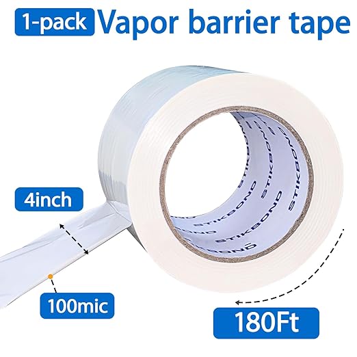 Vapor Barrier Tape 4 Inch x 180' x 4mil 1-Pack Moisture Barriers Seal and Seam Tape, White Polyethylene Tape for Crawl Space,Waterproofing, Underlayment,Metal Building and Plastic Sheeting