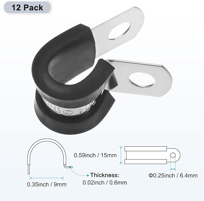 12-Pack Cable Clamps, 23/64 Inch/ 9 mm 304 Stainless Steel Rubber Cushioned Insulated Cable Clamp R Shape Metal Holder for Tube/Wire/Pipe/Loop Installation