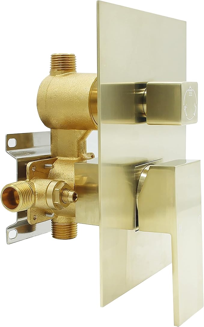Brushed Gold 3 Way Shower Valve, Concealed Brass 3 Outlet Function Shower Diverter Valve Flow Control Mixer Mixing Rough-In Shower Valve Kit