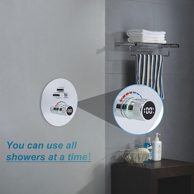 Round Digital Display Shower Valve 3 Way Shower Mixing Valve Concealed Installation Can Use All the Time Polished Chrome
