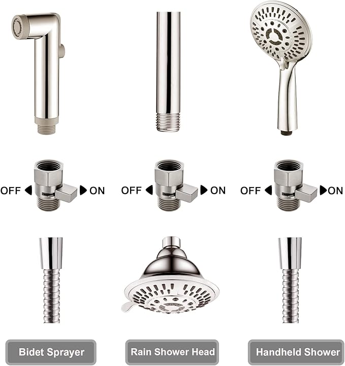 BRIGHT SHOWERS Water Flow Control Valve, Brass Shower Valve with Handle Lever, Flow Regulator Water-Saver Volume, Brushed Nickel