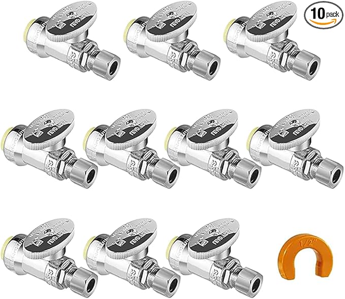 WiseWater Push Connect Straight Stop Valve 1/2" x 1/4", 1/4 Turn with Disconnect Clip, Chrome Plated Brass Shut Off Valve for PEX Copper CPVC Pipes (10-Pack)