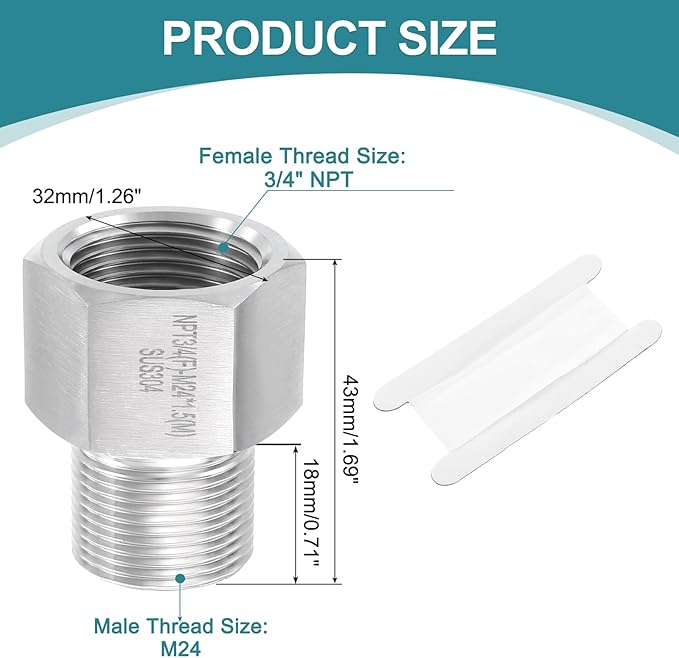 uxcell Pipe Fitting Reducing Adapter, M24 Male x 3/4" NPT Female 304 Stainless Steel Reducer Connector for Water Oil Air Pressure Gauge, Silver