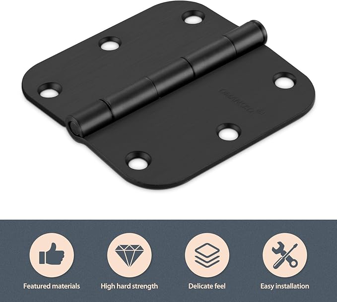 24 Pack Black Door Hinges, 3.5 x 3.5 Inch Black Hinges for Interior Doors 3 1/2 Inch Hinges for Residential Doors, 5/8'' Radius Corners