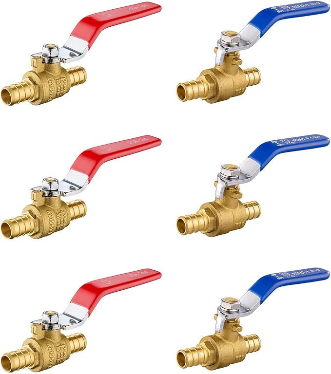 6-Pack Foskan 1/2" PEX Crimp Ball Valve, Brass Quarter Turn Full Port Shut-off Valve for PEX Tubing(Blue and Red)