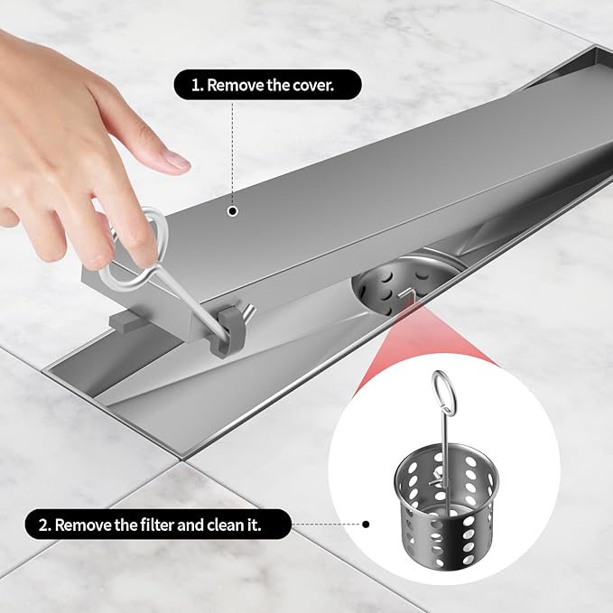 Linear Shower Drain, 304 Stainless Steel with Adjustable Leveling Feet, Hair Strainer,Reversely Install Place to Create an Invisible Floor Drain - Silver -16-Inch