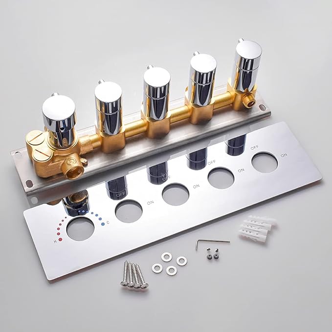 AYIVG Thermostatic 4-Function 4-Outlet Solid Brass Mixer Shower Valve & Trims in Polished Chrome Can Simultaneous Operation, Flows Can Be Controlled, 5 Round Handles