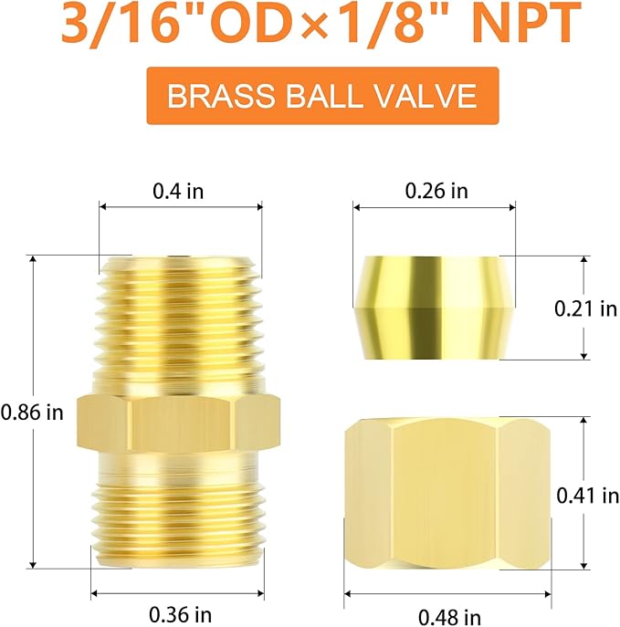 GASHER 10PCS Brass Compression Tube Pipe Fitting Connector, 3/16" Tube OD x 1/8" NPT Male Connector