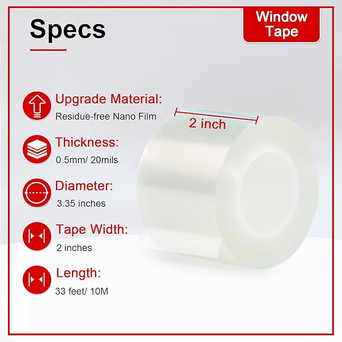 Window Sealing Tape 2 Inch x 33 FT Transparent Window Draft Insulation Residue-Free Clear Weather Stripping Caulk Tape Windproof Weatherproof Window Seal AC Units for Window Glass, Doors Gaps