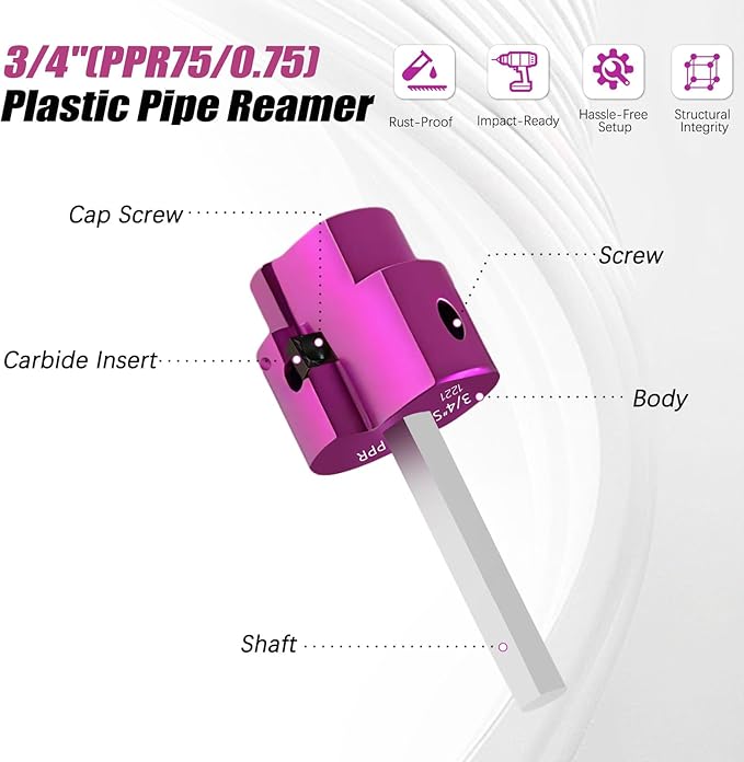 PVC Pipe Reamer Kit 1 PCS 3/4"(PPR75) for SCH 40 CPVC & ABS Plastic Fittings – Fits 1/2" Drills with 3/8" Hex Shaft – Ideal for Exhaust, Drain & Water Pipe Cleaning, Durable & Heavyduty