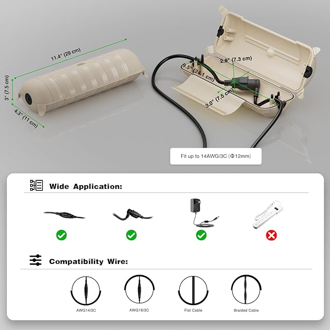 Flemoon 2-Piece Outdoor Waterproof Electrical Box Set – 12.5" x 8.5" x 5" Large Electrical Box & 11.3" x 4.3" x 3" Extension Cord Cover for Power Strip, Outlet, Holiday Light, Almond