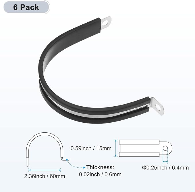 6-Pack Cable Clamps, 2-3/8 inch/ 60 mm 304 Stainless Steel Rubber Cushioned Insulated Cable Clamp R Shape Metal Holder for Tube/Wire/Pipe/Loop Installation