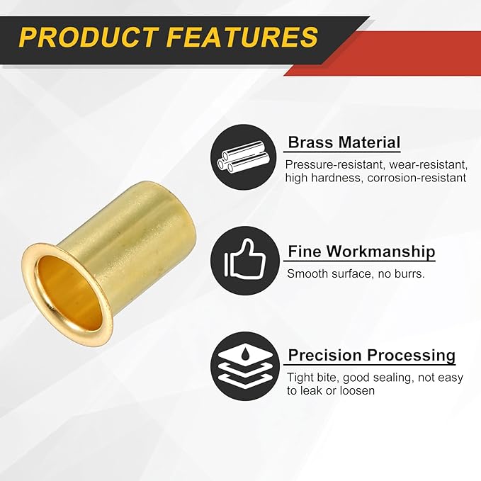 uxcell 10Pcs Fit for 9mm(3/8") Tube ID Brass Compression Fitting, Insert Tube Support Compression Sleeve Fitting, Sleeve Ferrules for Water Oil Air Pipe