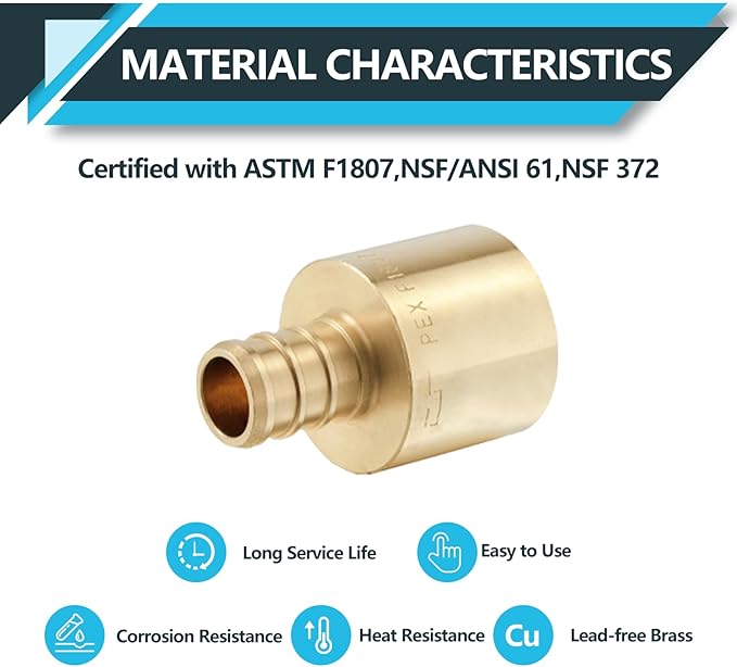 (50-Pack) PEX Fittings, Pex 1/2"x3/4" Female Sweat Copper Adapter, Brass Crimp Fittings, for PEX Tubing Pipe Plumbing, ASTM F1807(PEX1807131-50Pack)