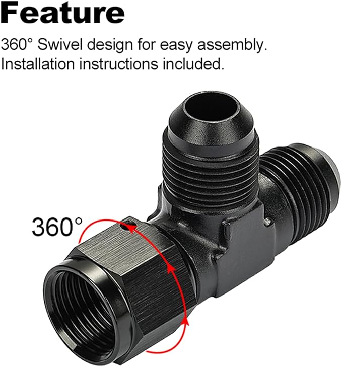 6AN Flare Male Tee Fitting Adapter with AN6 Female Swivel on Run Aluminum 2Pcs