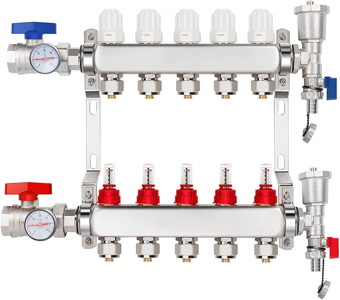 5-Branch PEX/Radiant Heat Manifold，1/2" PEX Tubing Manifold,304 Stainless Steel Floor Heat Manifold Kit with 1/2" Adapters Included for Hydronic Radiant Floor Heating (5-Loop)