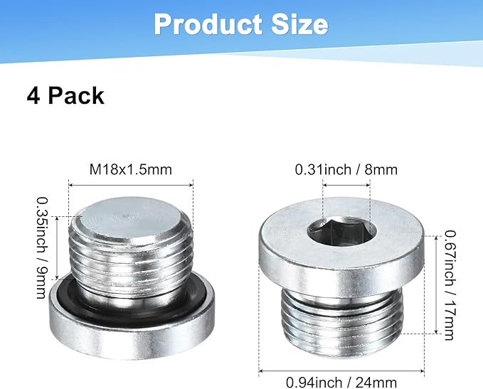 4-Pack M18x1.5mm Inner Hex Head Pipe Fitting Plug, Carbon Steel Sensor Socket Plug with Seal O-Ring for Terminate Pipe Ends/High Pressure Washer, Sealing Screw