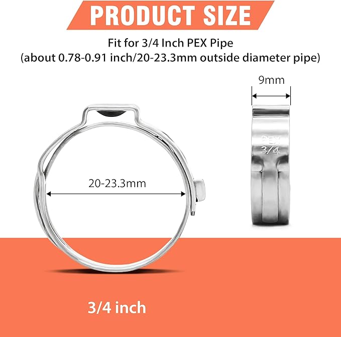 60pcs 3/4 inch PEX Cinch Clamps Rings, 304 Stainless Steel Single Ear Hose Clamps, Pex Crimp Rings for PEX Tubing Pipe Fitting Connections