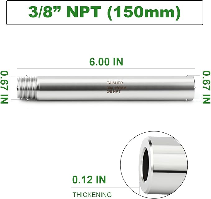 TAISHER 2PCS 304 Stainless Steel Pipe Fittings, 3/8" NPT Male Threaded, 6" Length Weld Nipple Cast Pipe