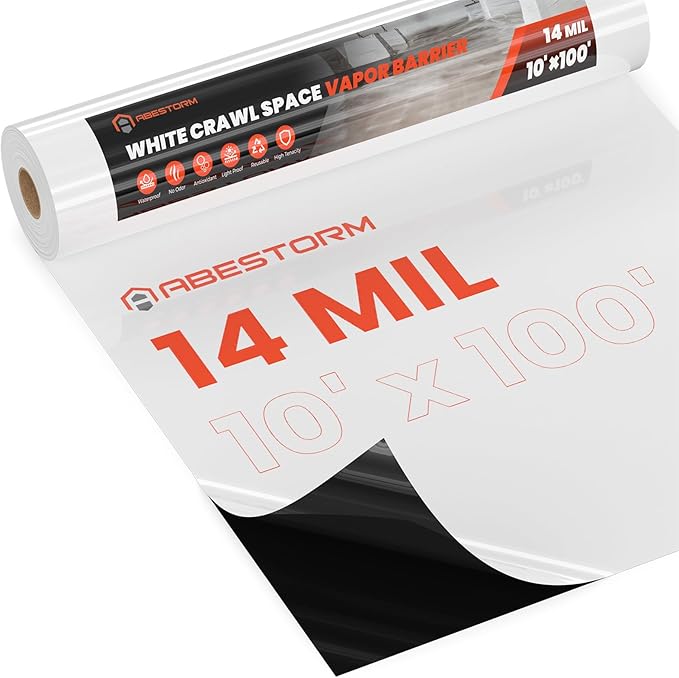 ABESTORM Crawl Space Vapor Barrier 14 Mil Film 10'x100' Thick Plastic Sheeting Drop Cloth Vapor Barrier Covering for Crawlspace, Encapsulation, Blackout Plastic Painters Tarp, Black and White Film