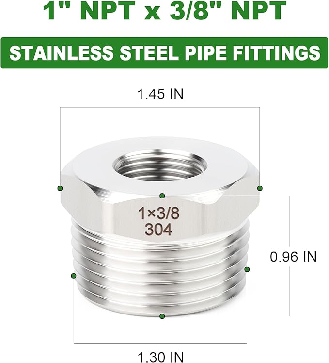 TAISHER 5PCS 304 Stainless Steel New Reducer Hex Bushing, 1" NPT Male x 3/8" NPT Female, Reducing Pipe Adapter Fitting