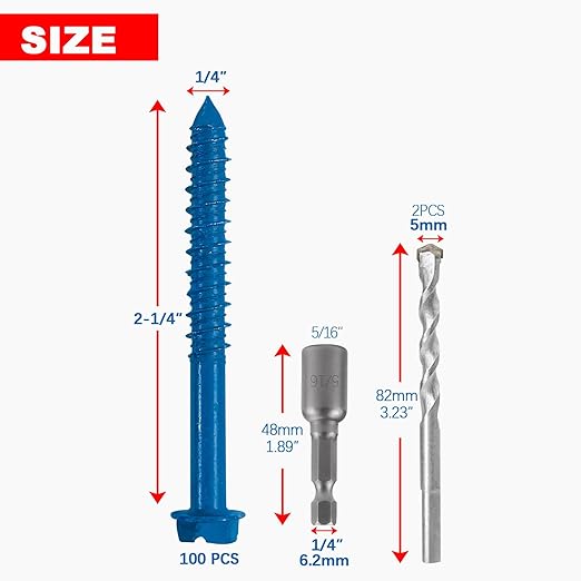 100Pcs 1/4" x2-1/4 Concrete Screws with Drill Bit, Hex Head Concrete Cement Screws Anchor Assortment Kit for Masonry, Block Brick or Stucco