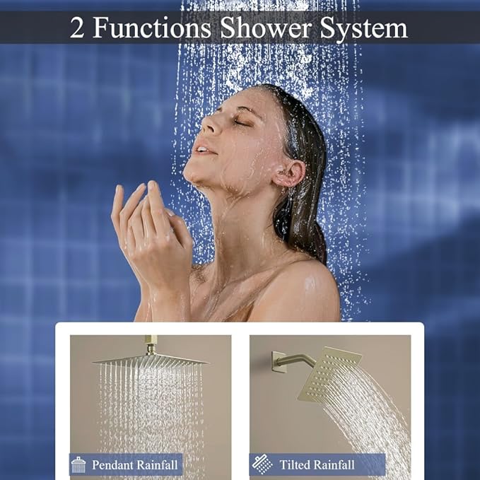 Shower Faucet Set Brushed Gold Shower System, Ceiling Mount 10 Inch Shower Head with 6 Inch Wall Mount Shower Head, Knob Switch Diverter Shower Faucet, Rough-in Valve Body and Trim Included