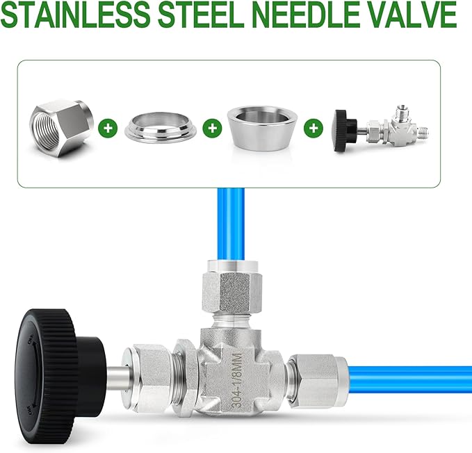 TAISHER 1PCS 304 Stainless Steel Compression Tube 90 Degree Needle Valve 1/8"" Tube OD x 1/8"" Tube OD For Flow Control Water Gas Oil, Silver