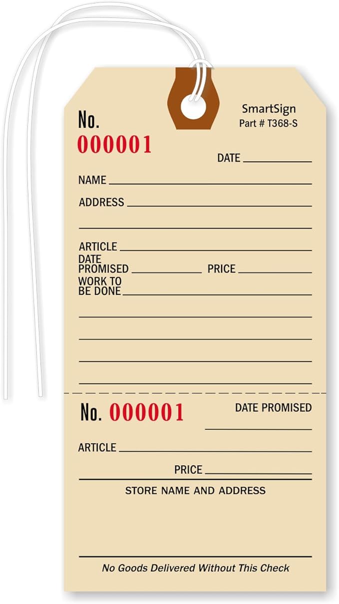 SmartSign (Pack of 100) 5.25 x 2.625 inch Numbered Repair Tags with Pre-Attached String and Stub (Size - 6), 10 Point Manila Cardstock