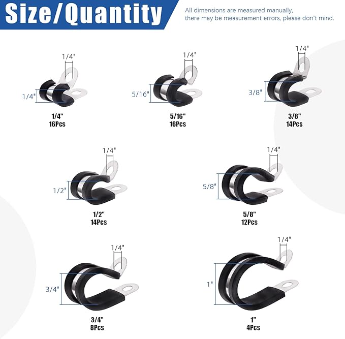 Glarks 84Pcs 7 Sizes 304 Stainless Steel & Rubber Insulated Pipe Clamps Set, Black