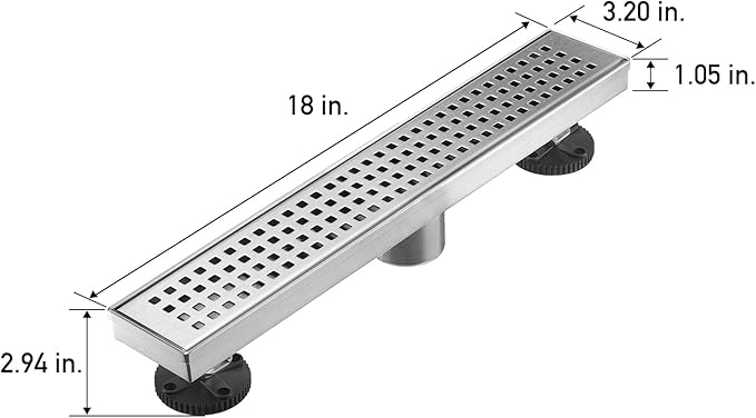 Linear Shower Floor Drain, Brushed Nickel 18 Inch 304 Stainless Steel Bathroom Drains Kit, Long Rectangular Shower Trench Drain with Square Pattern Drain Cover & Hair Catcher