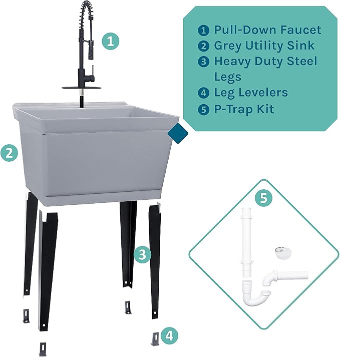 Utility Sink Extra-Deep Laundry Tub in Grey with High-Arc Coil Pull-Down Sprayer Faucet in Matte Black, Integrated Supply Lines, P-Trap Kit, Heavy Duty Floor Mounted Freestanding Wash Station