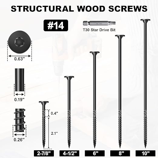 #14 Heavy-Duty Wood Screws, Star Drive Deck Screws, Rust Resistant Timber Screws for Timber/Log/Landscaping Wood (10 Inch,250Pcs,Black)