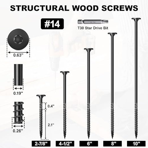 #14 Heavy-Duty Wood Screws, Star Drive Deck Screws, Rust Resistant Timber Screws for Timber/Log/Landscaping Wood (10 Inch,250Pcs,Black)