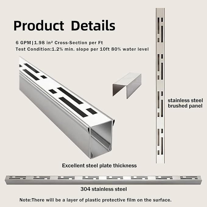 Pool Deck Drain Channel, 1-7/16" W x 3.3' L, 304 Stainless Steel Channel Drain Outdoor, Deck Drainage System with Coupling, Trench Drain System for Pool Decks, Patios,Walkways, Courtyards, Paver.