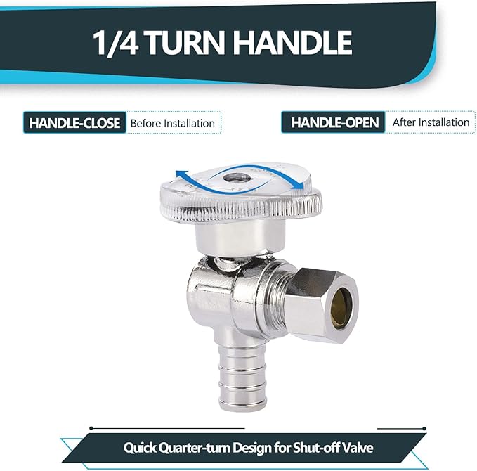 (Pack of 30) Seelink Pex Crimp 1/4 Turn Angle Stop Valve, 3/8" OD Compression x 1/2" Pex Barb Crimp (F1807), Chrome Plated Brass(VALVE076-30Pack)