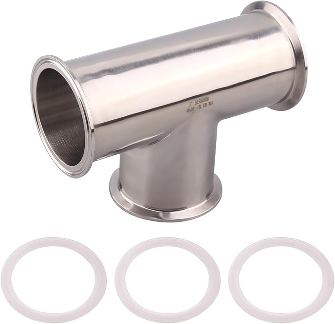 DERNORD Clamp Tee 3 Way Stainless Steel 304 with 3 Silicone Gaskets Fits 3" Tri Clamp, 91mm Pipe OD Sanitary Fittings