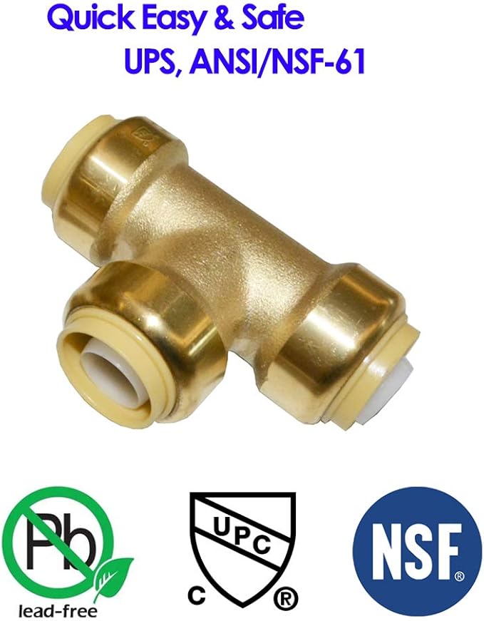 HQMPC 3/4" Pex Tee Push Fit Plumbing Fitting, Brass, 6pcs, Push-to-Connect, UPC Certified