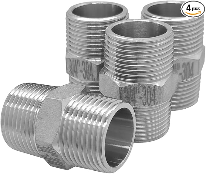 Hooshing 4PCS Hex Nipple 3/4" Male NPT Stainless Steel 304 Threaded Pipe Fittings for Brew Kit Home Piping