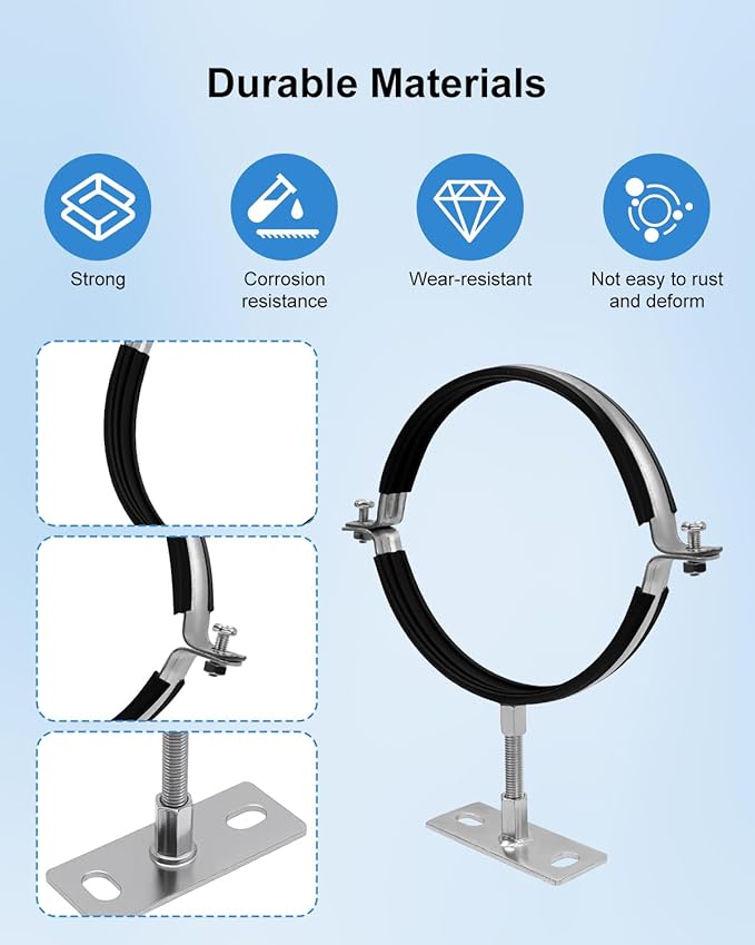 2 Pcs 6 Inch Adjustable Pipe Bracket, Split Ring Pipe Hanger, Heavy Duty B Vent Wall Strap Round Gas Vent Strap, Chimney Support Mount with Mounting Screws Anti-Slip Pads