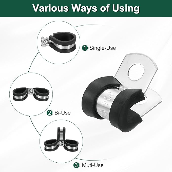 uxcell 1/4"(6mm) Cable Clamp, 304 Stainless Steel Rubber Cushioned Insulated Clamp R Shape Metal Clamp Tube Holder for Pipe Hose Wire Cord Installation 24Pcs