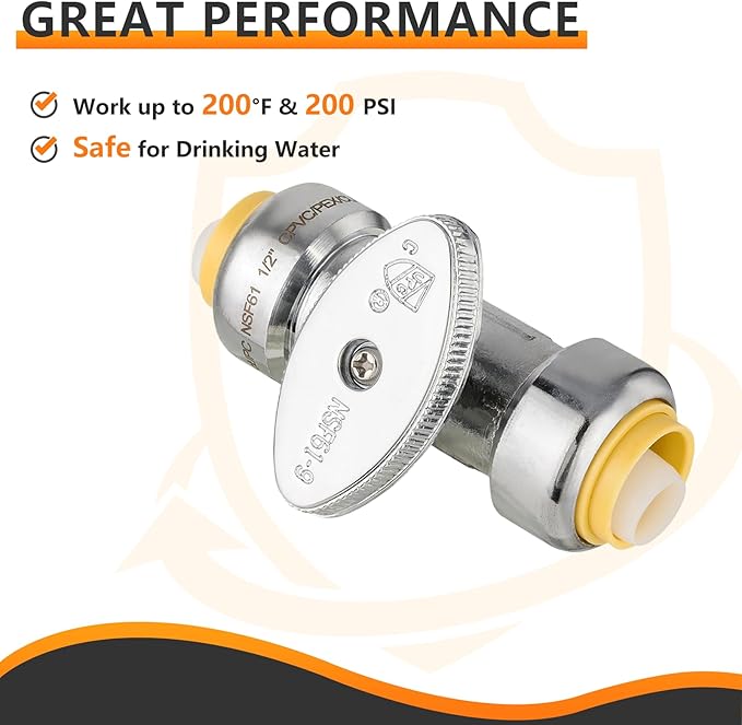 HeSun 100-PCs Push-Fit Straight Stop Valve, 1/2" Push x 1/4" OD Compression Straight Stop, 1/4 Turn Water Shut Off Valve for Bathroom with Disconnect Clip Tool